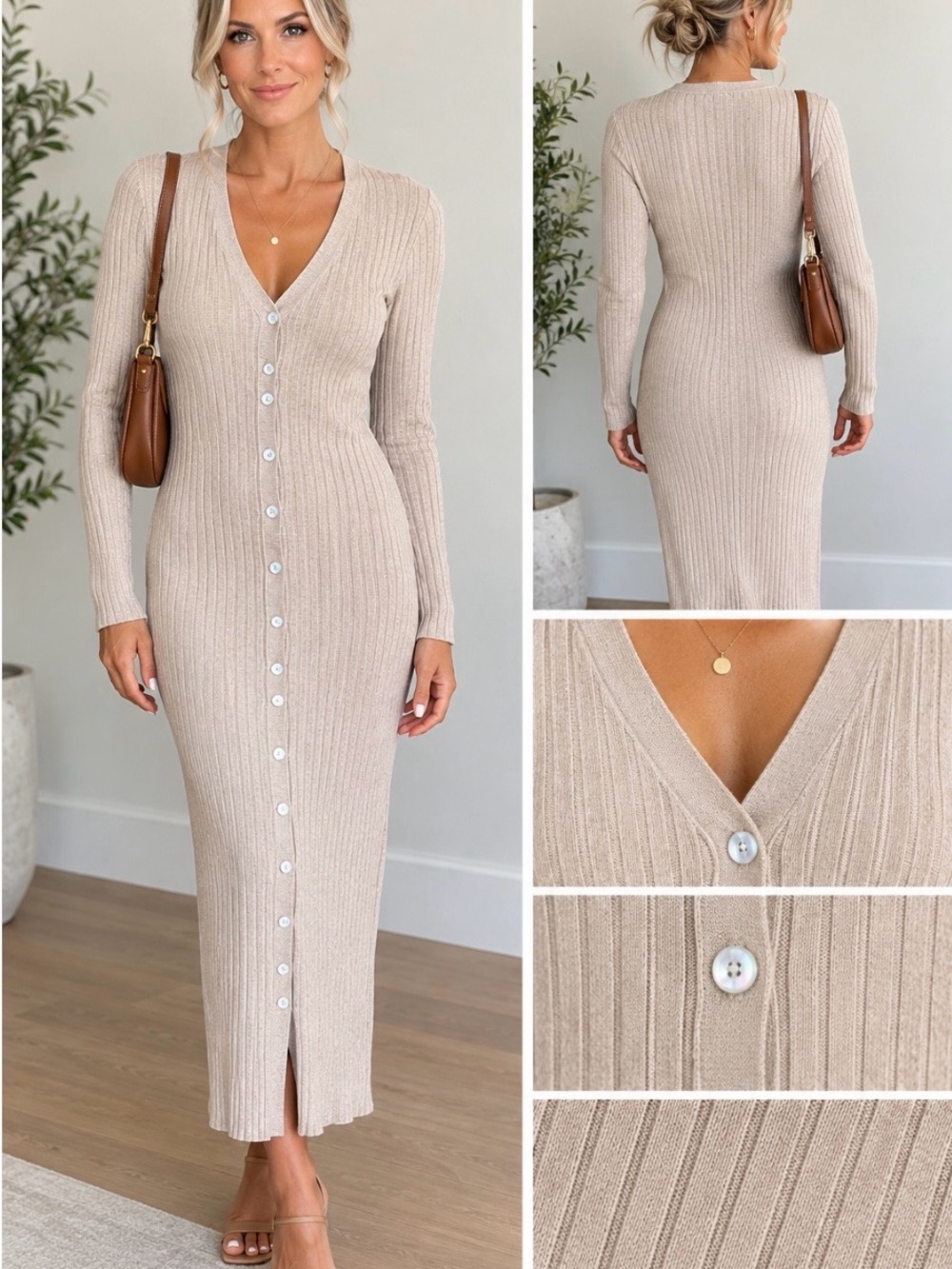 Express pink Ribbed Button-Front Long Sleeve Dress